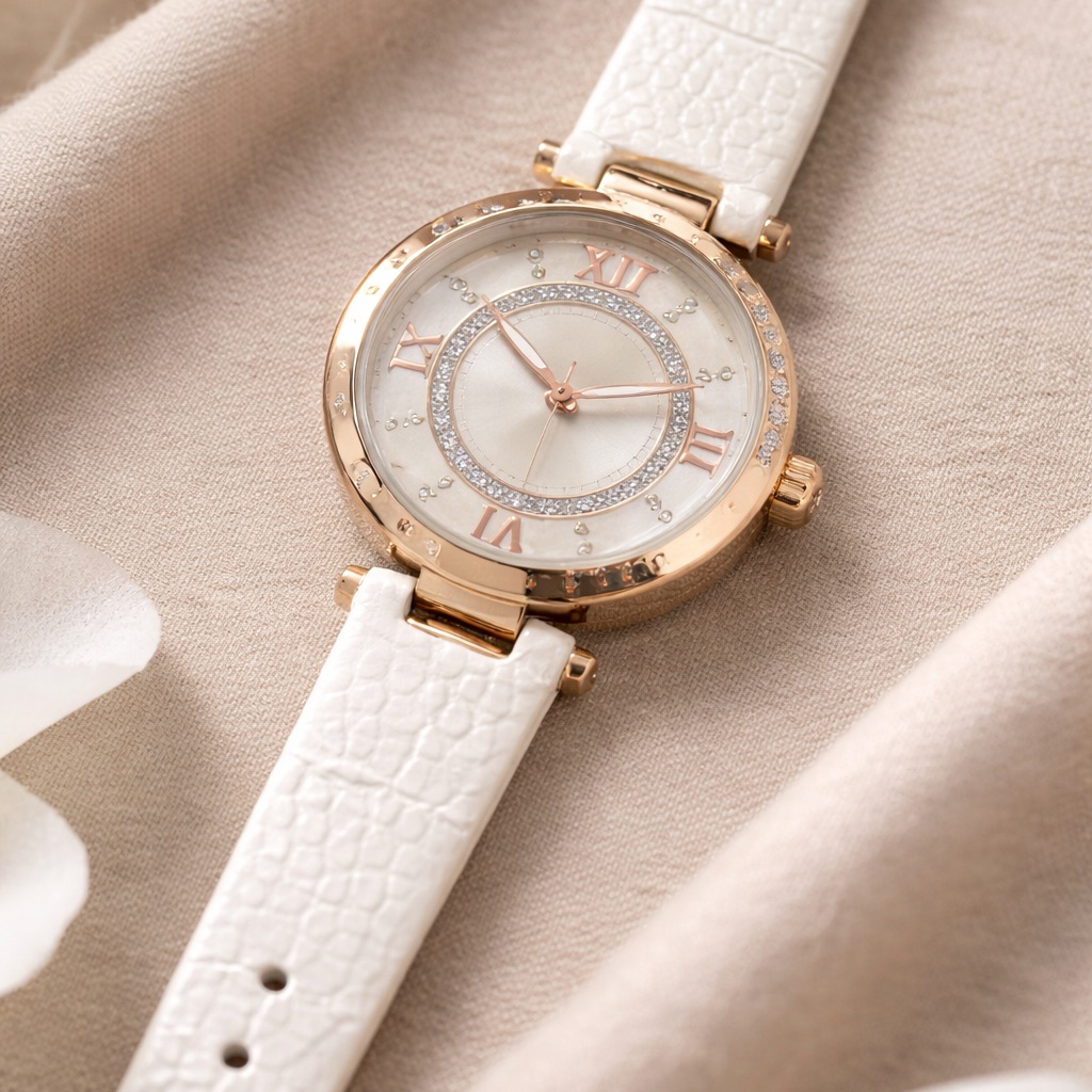 White  Rose Gold Crystal Roman Numeral Quartz Watch